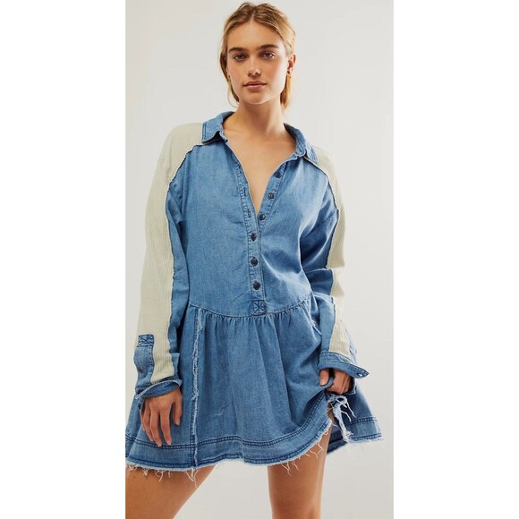 Free People Dresses & Skirts - Free People Mini Tunic Dress Women Boho Blue Kenny Denim Vacay Pocket Sz S NWT